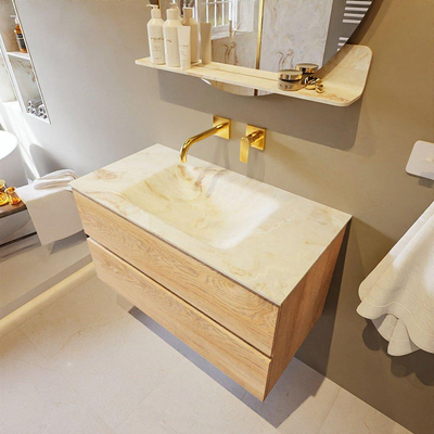 Mondiaz VICA-DLUX Ensemble de meuble de salle de bain - 90cm - meuble sous-vasque chêne blanchi - 2 tiroirs - lavabo encastré nuage milieu - sans trous de robinet - version haute 60cm - frape