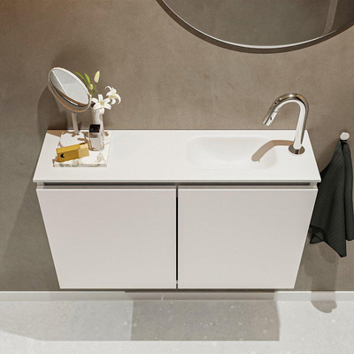 MONDIAZ TURE Fonteinset - 80x23x50cm - 1 kraangat - 2 deuren - linen mat - Wasbak rechts - Solid Surface Wit