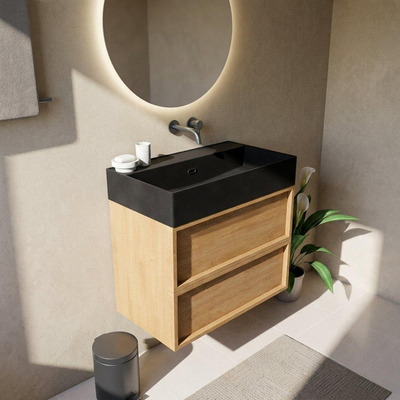 Saniclass Holz Frame Ensemble meuble de salle de bains - 80x45x72cm - Legend lavabo en céramique noir mat - 1 vasque - sans trou de robinetterie - 2 tiroirs - chêne natural mat (bois)