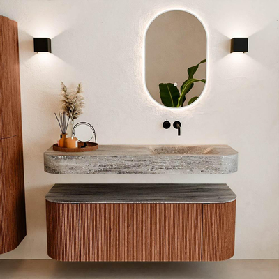 MONDIAZ THOR-DLUX 130cm badmeubel ronding links + rechts kleur Ruby met 1 lade en 2 deuren. Vrijhangende wastafel CLOUD Rechts zonder kraangat kleur Oza.