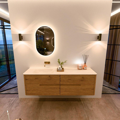 Mondiaz CIRO-DLUX Ensemble de meubles de salle de bains - 160x45x50cm - Plan vasque solid surface Meli - 1 vasque à gauche - sans trous de robinetterie - 4 tiroirs - Chêne