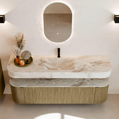 MONDIAZ THOR-DLUX 170cm meuble de salle de bains arrondi gauche + droite couleur Dusk avec 1 tiroir et 2 portes. Vasque suspendue CLOUD Milieu 1 trou de robinet couleur Frappe.