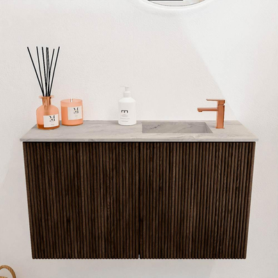Mondiaz JOYA-DLUX 70cm toiletmeubel - kleur Walnut - Wastafel FAYE positie Rechts 1 kraangat kleur Glace.
