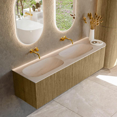 MONDIAZ KURVE-DLUX Meuble de salle de bains 165 cm arrondi à droite couleur Dusk avec 2 tiroirs et 1 porte. Lavabo STOR SMALL Double / À gauche sans trou de robinet Meli.
