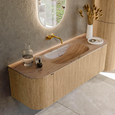 MONDIAZ KURVE-DLUX 140cm badmeubel ronding Links + Rechts kleur Oak met 1 lade en 2 deuren. Wastafel BIG SMALL Midden zonder kraangat Arena.