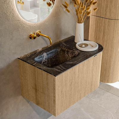 MONDIAZ KURVE-DLUX Meuble de salle de bains 75 cm avec module 25 R couleur Oak avec 1 tiroir et 1 porte. Lavabo GRUNNE gauche sans trou de robinet couleur Lava.