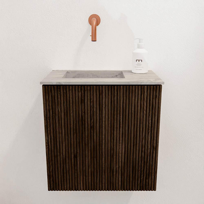 Mondiaz JOYA-DLUX Meuble de salle de bains - 40cm - couleur Walnut - Vasque FAYE position Gauche Sans trou de robinet couleur Glace