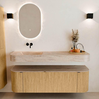 MONDIAZ THOR-DLUX 150cm badmeubel ronding links + rechts kleur Oak met 1 lade en 2 deuren. Vrijhangende wastafel CLOUD Links zonder kraangat kleur Saba.