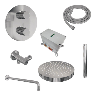 BRAUER Stripe Douche de tête thermostatique encastrée - 3 voies - ronde - SET 38 - pomme de douche 25cm - bras mural courbé - douchette sur barre - flexible de douche - coude mural de raccordement - chrome