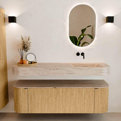 MONDIAZ THOR-DLUX 150cm badmeubel ronding links + rechts kleur Oak met 1 lade en 2 deuren. Vrijhangende wastafel CLOUD Rechts zonder kraangat kleur Saba.