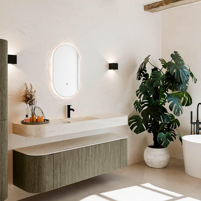 MONDIAZ THOR-DLUX 160cm meuble de salle de bains arrondi gauche + droite couleur Shadow avec 1 tiroir et 2 portes. Vasque suspendue CLOUD Milieu 1 trou de robinet couleur Meli.