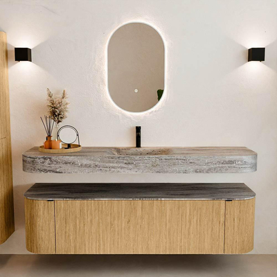 MONDIAZ THOR-DLUX 170cm badmeubel ronding links + rechts kleur Oak met 1 lade en 2 deuren. Vrijhangende wastafel CLOUD Midden 1 kraangat kleur Oza.