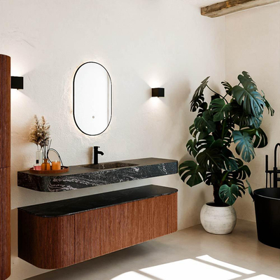 MONDIAZ THOR-DLUX 160cm meuble de salle de bains arrondi gauche + droite couleur Ruby avec 1 tiroir et 2 portes. Vasque suspendue CLOUD Milieu 1 trou de robinet couleur Lava.