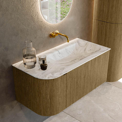 Mondiaz KURVE-DLUX Ensemble de meuble de salle de bains - 95x46x40cm - 1 tiroir - 1 porte - lavabo solid surface - droite - sans trou de robinet - Dusk