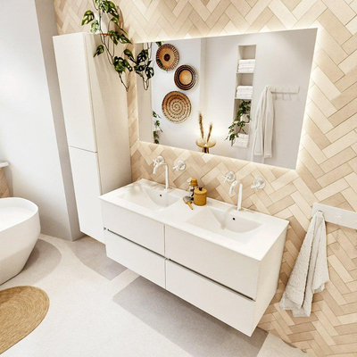 MONDIAZ VICA 120cm meuble sous lavabo Talc 4 tiroirs. Lavabo DENIA double 2 trous de robinet, couleur Blanc Brillant.