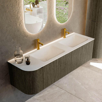 Mondiaz KURVE Ensemble de meubles de salle de bain - 155x46x40cm - 2 tiroirs - 1 porte - vasque solid surface - double / droite - 2 trous de robinet - Shadow