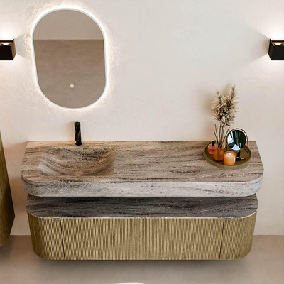 MONDIAZ THOR-DLUX Meuble de salle de bains 160cm arrondi gauche + droite couleur Dusk avec 1 tiroir et 2 portes. Vasque suspendue CLOUD Gauche 1 trou de robinet couleur Oza.