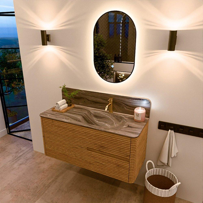 Mondiaz CIRO-DLUX Badkamermeubelset - 110x45x50cm - Solid surface wastafel Sombra - 1 wasbak Rechts - 1 kraangat - 2 lades - Oak