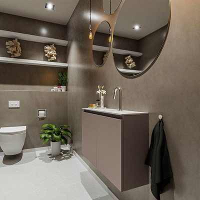 MONDIAZ TURE Kit lave-mains - 80x23x50cm - 1 trou de robinet - 2 portes - fumée mate - Lavabo central - Solid Surface Blanc