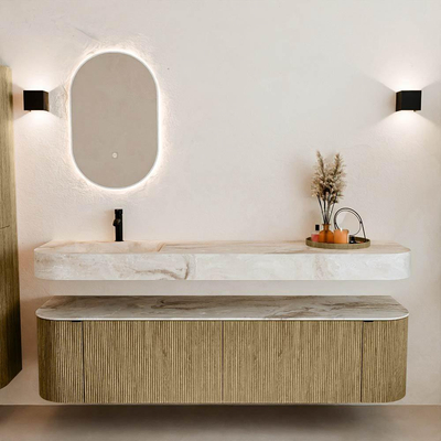 MONDIAZ THOR-DLUX 180cm meuble de salle de bains arrondi gauche + droite couleur Dusk avec 2 tiroirs et 2 portes. Vasque suspendue CLOUD Gauche 1 trou de robinet couleur Frappe.