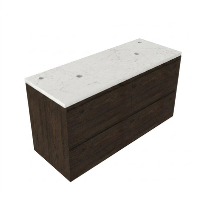 Saniclass Holz Pure Ensemble de meubles de salle de bains - 120x45x63cm - Plan vasque en marbre Dia poli (blanc) - 2 trous de robinet - 4 tiroirs - chêne charcoal mat (bois)