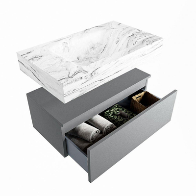 Mondiaz ALAN-DLUX Ensemble de meuble - 80cm - meuble Plata mat - 1 tiroir - Lavabo Cloud Glace suspendu - vasque Centre - 0 trous de robinet