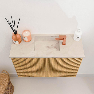 Mondiaz JOYA-DLUX 60cm toiletmeubel - kleur Oak - Wastafel FAYE positie Midden 1 kraangat kleur Frappe.