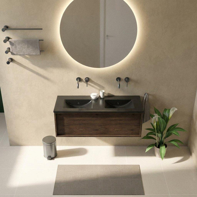 Saniclass Holz Frame Ensemble meuble de salle de bains - 120x45x42cm - Vasque Vygo en céramique noire - 2 vasques - sans trous de robinetterie - 1 tiroir - chêne charcoal mat (bois)
