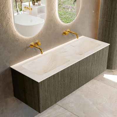 Mondiaz KURVE-DLUX Ensemble de meuble salle de bain - 130x46x40cm - 2 tiroirs - lavabo en solid surface - double - sans trou de robinet - Shadow