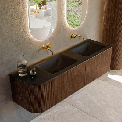 MONDIAZ KURVE 155cm Meuble salle de bain avec module 25 G - couleur Walnut - 2 tiroirs - 1 porte - vasque CLOUD double / droite - sans trous de robinet - Urban
