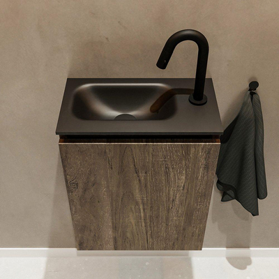 MONDIAZ TURE Kit lave-mains - 40x23x50cm - 1 trou de robinet - 1 porte - marron foncé mat - Lavabo à gauche - Solid Surface Noir