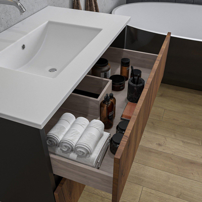 Adema Industrial 2.0 Ensemble de meuble 60x45x55cm vasque en céramique blanc sans trou de robinet avec trop-plein bois/noir