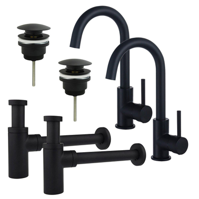 FortiFura Calvi Kit robinet lavabo - pour double vasque - robinet haut - bec rotatif - bonde clic clac - siphon design - Noir mat