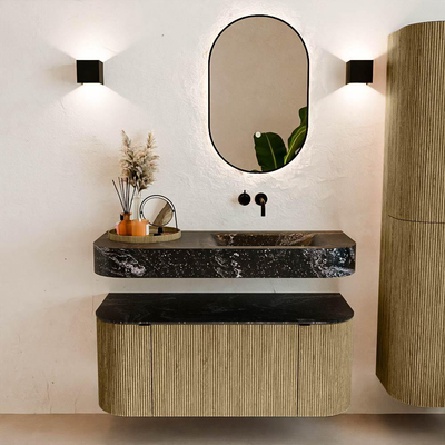 MONDIAZ THOR-DLUX 110cm meuble de salle de bains arrondi gauche + droite couleur Dusk avec 1 tiroir et 2 portes. Vasque suspendue CLOUD droite sans trou de robinet couleur Lava.