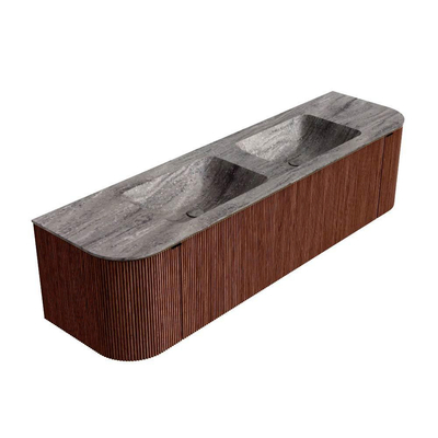 MONDIAZ KURVE-DLUX Meuble de salle de bains 170cm arrondi Gauche + Droit couleur Ruby avec 1 tiroir et 2 portes. Lavabo LEAF Double sans trou de robinet Oza.