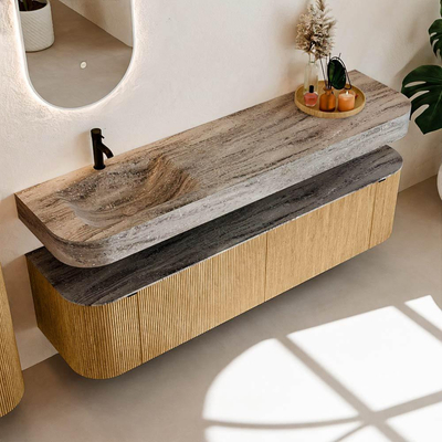 MONDIAZ THOR-DLUX 180cm meuble de salle de bains arrondi gauche + droite couleur Oak avec 2 tiroirs et 2 portes. Vasque suspendue CLOUD Gauche 1 trou de robinet couleur Oza.