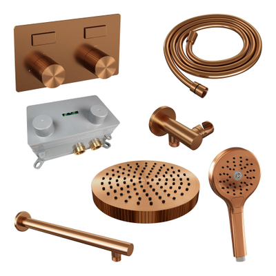 BRAUER Stripe Thermostatische Inbouw Regendouche - drukknoppen - SET 28 - 25cm douchekop - rechte muurarm - 3-standen handdouche - doucheslang - wandaansluitbocht - koper geborsteld PVD