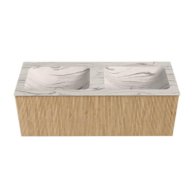 MONDIAZ KURVE-DLUX 120cm badmeubel kleur Oak met 1 lade en 0 deuren. Wastafel LEAF Dubbel 2 kraangaten Nata.