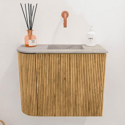 Mondiaz JOYA-DLUX Meuble de salle de bains - 51,6cm - arrondi gauche couleur Chêne - Vasque FAYE position Droite Sans trou de robinet couleur Glace