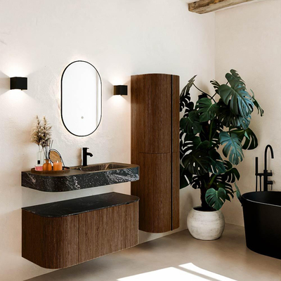 MONDIAZ THOR-DLUX 100cm meuble de salle de bains arrondi gauche + droite couleur Walnut avec 1 tiroir et 2 portes. Vasque suspendue CLOUD Droite 1 trou de robinet couleur Lava.