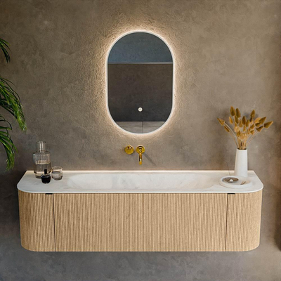MONDIAZ KURVE-DLUX Meuble de salle de bains 160 cm avec module 25 Len R couleur Chêne avec 1 tiroir et 2 portes. Lavabo BIG MEDIUM central sans trou de robinet couleur Opalo.