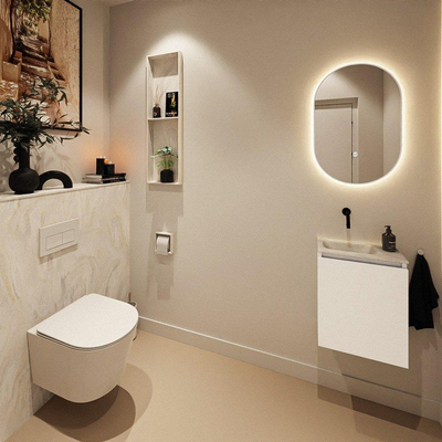 MONDIAZ TURE-DLUX Meuble toilette - 40cm - Talc - EDEN - vasque Ostra - position gauche - sans trou de robinet
