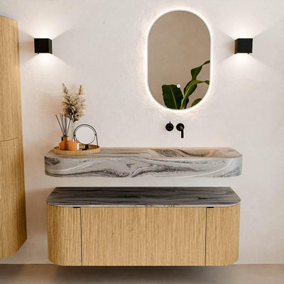 MONDIAZ THOR-DLUX 130cm badmeubel ronding links + rechts kleur Oak met 1 lade en 2 deuren. Vrijhangende wastafel CLOUD Rechts zonder kraangat kleur Sombra.