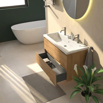 Saniclass Holz Pure Ensemble de meubles de salle de bains - 100x45x63.5cm - Lavabo Bari en céramique blanc - 1 vasque - 2 trous de robinetterie - 2 tiroirs - chêne naturel mat (bois)