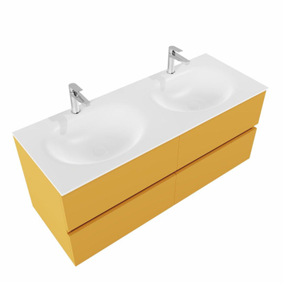 MONDIAZ VICA Ensemble de meuble salle de bain - 120cm - 4 tiroirs - lavabo Moon double - 2 trous de robinet - solid surface ocre