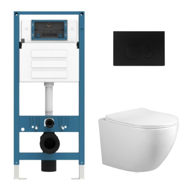 Adema Salina 2.0 Toiletset - 48.5x36x32cm - diepspoel - spoelrandloos - QeramiQ inbouwreservoir - softclose - quickrelease - toiletzitting - mat zwarte metalen - bedieningsplaat - ronde knoppen - wit