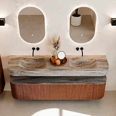 MONDIAZ THOR-DLUX 180cm meuble de salle de bains arrondi gauche + droite couleur Ruby avec 2 tiroirs et 2 portes. Vasque suspendue CLOUD Double sans trou de robinet couleur Oza.