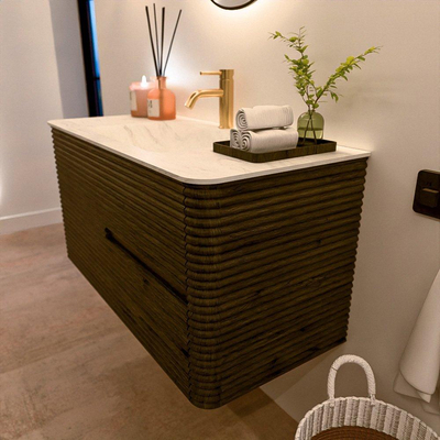 Mondiaz CIRO-DLUX Meuble de salle de bains - 100x45x50cm - Vasque en solid surface Opalo - 1 lavabo au milieu - 1 trou de robinetterie - 2 tiroirs - Shadow