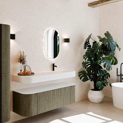 MONDIAZ THOR 140cm meuble de salle de bains arrondi gauche + droite couleur Shadow avec 1 tiroir et 2 portes. Vasque suspendue CLOUD Droite 1 trou de robinet couleur Talc.