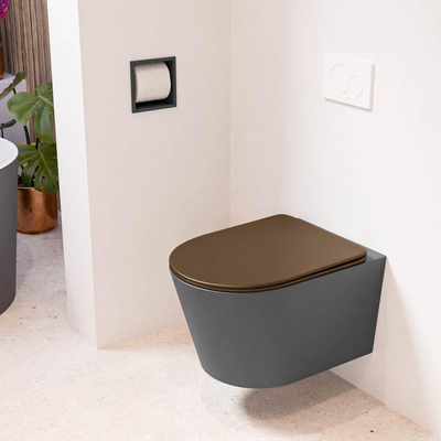 Mondiaz LAVIE hangtoilet – spoelrandloos – 36 x 53 cm – met softclose zitting – Dark grey (grijs), zitting Rust (bruin)